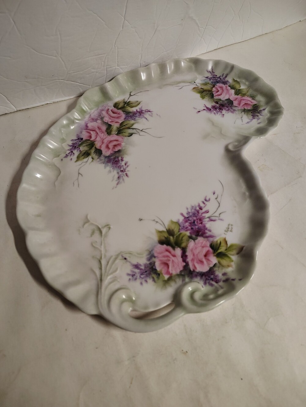 Vanity Tray Porcelain Floral Pink Purple Vintage Hand Painted Artist Signed